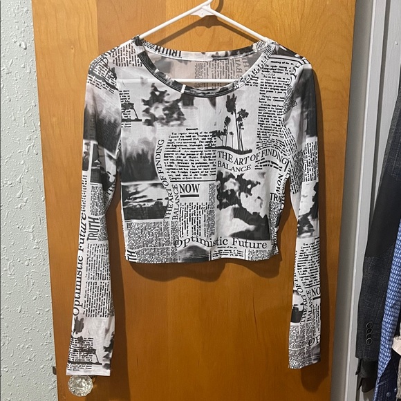 No Label Tops - Newspaper Print Long Sleeve Crop Top